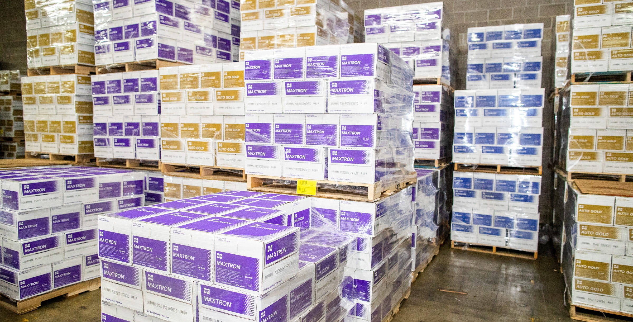 Pallets of products wrapped up in a warehouse